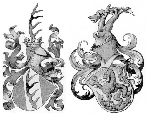 Escudos con yelmo, lambrequín y cimera. Estilo gótico.