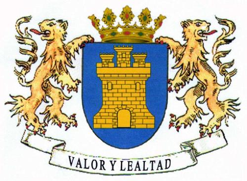 Representación de un escudo con soportes y divisa.